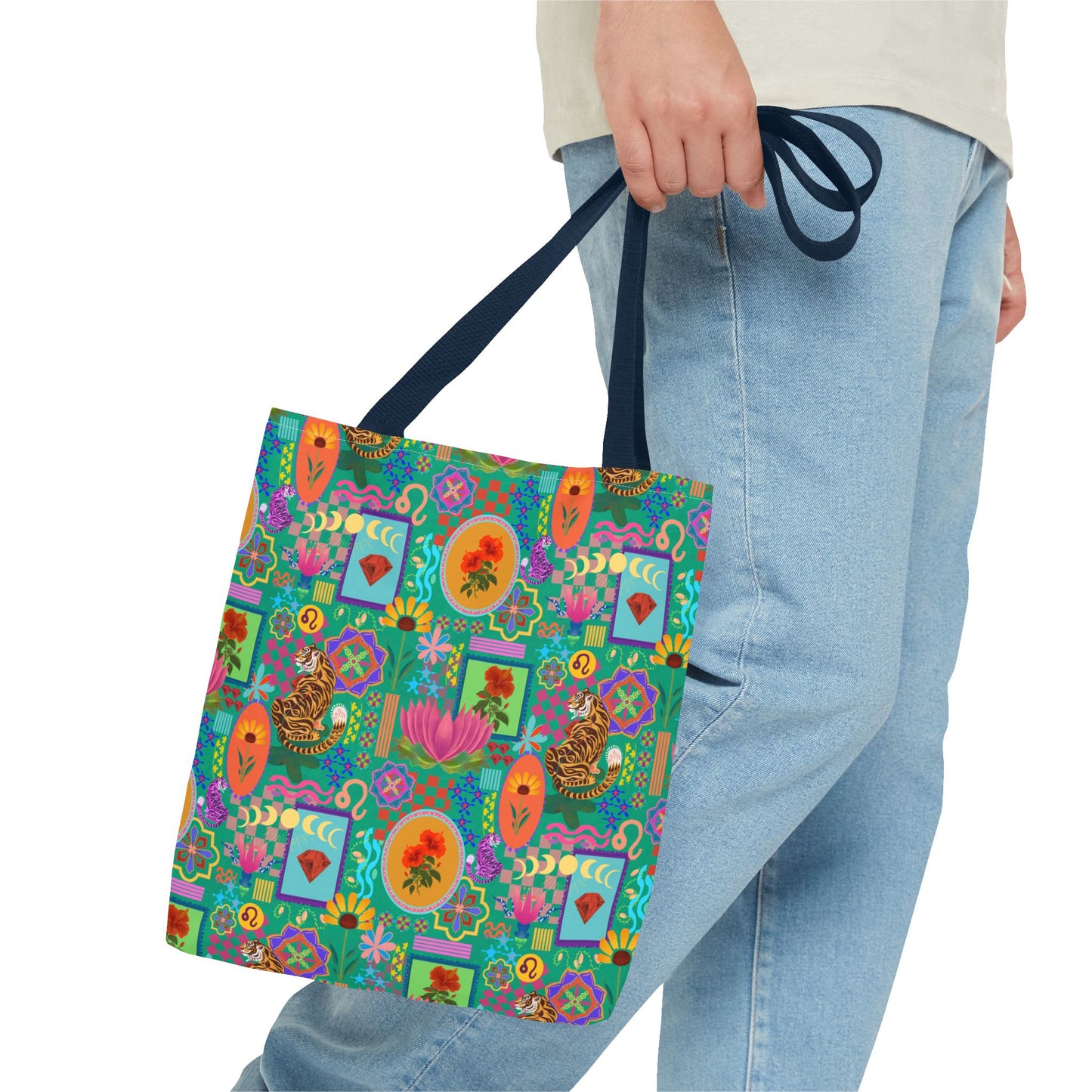 Tote Bag featuring Laxoanj Signature Print, Bold Self-Expression, Tiger Lotus Hibiscus Moon Mandala, Vibrant Colorful Bag, Wearable Art,