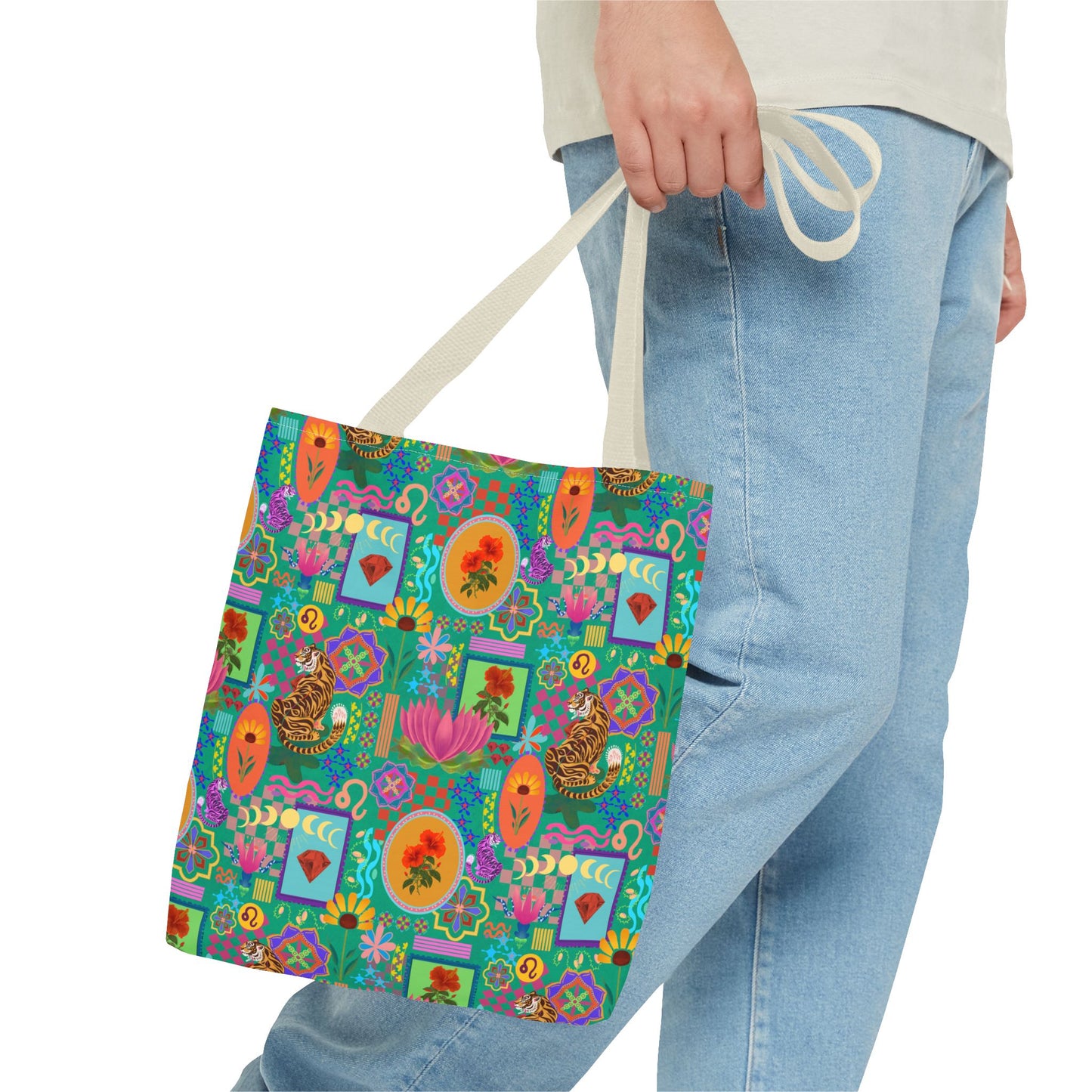 Tote Bag featuring Laxoanj Signature Print, Bold Self-Expression, Tiger Lotus Hibiscus Moon Mandala, Vibrant Colorful Bag, Wearable Art,