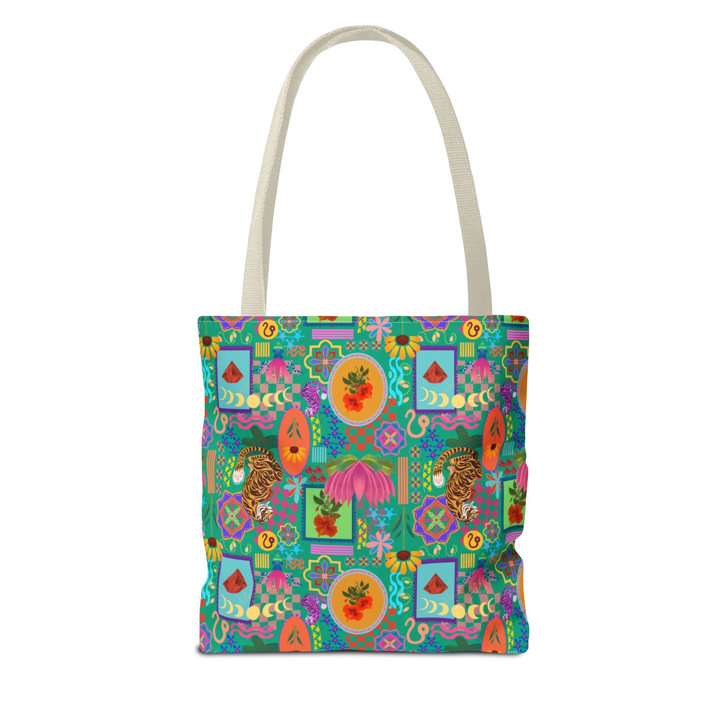 Tote Bag featuring Laxoanj Signature Print, Bold Self-Expression, Tiger Lotus Hibiscus Moon Mandala, Vibrant Colorful Bag, Wearable Art,
