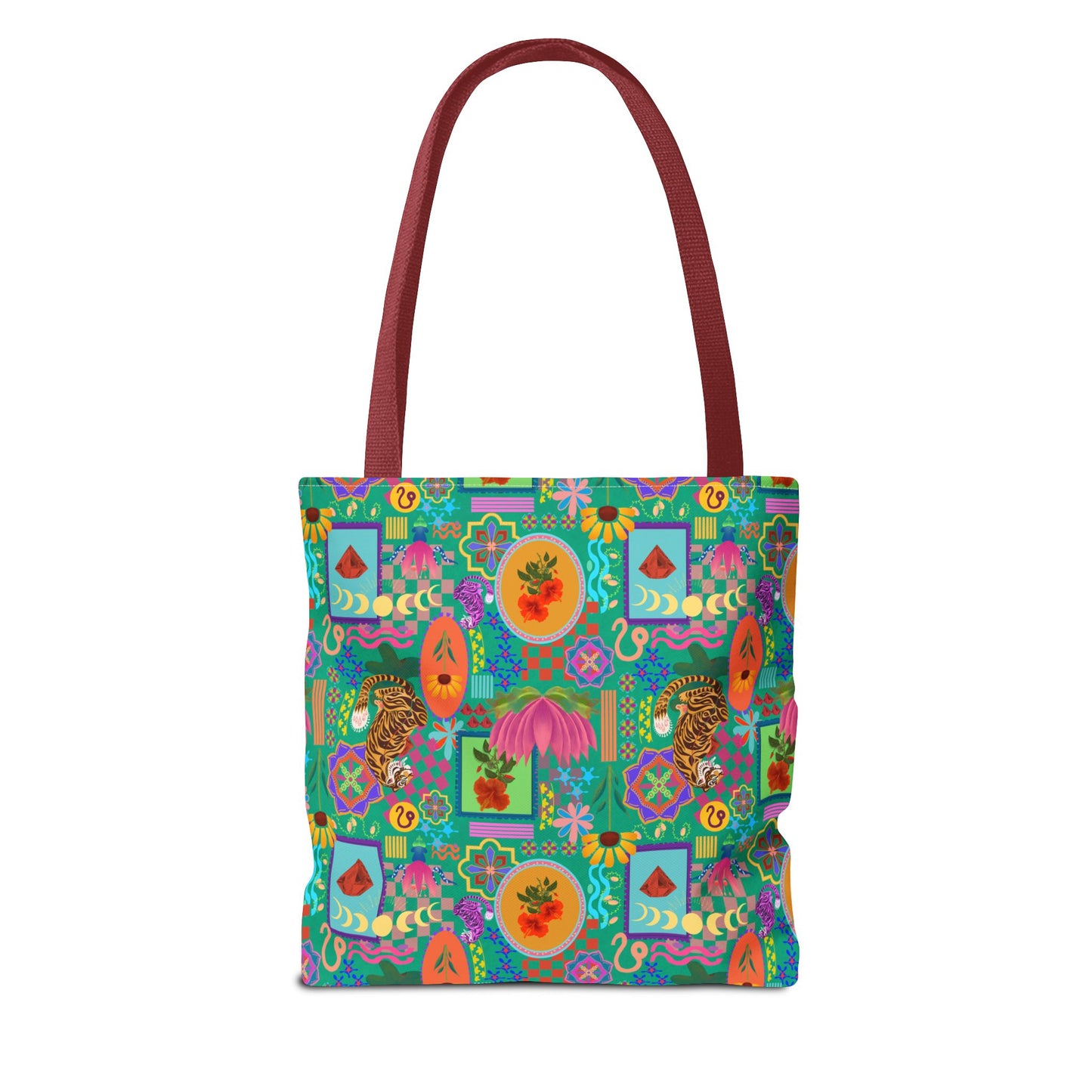 Tote Bag featuring Laxoanj Signature Print, Bold Self-Expression, Tiger Lotus Hibiscus Moon Mandala, Vibrant Colorful Bag, Wearable Art,