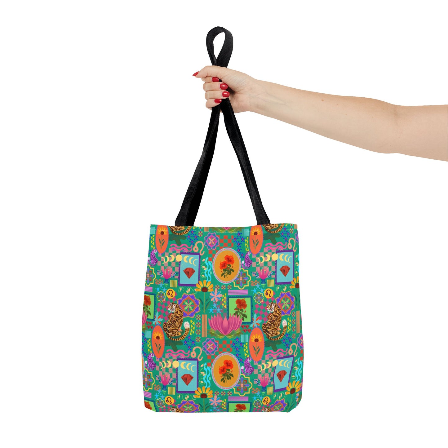Tote Bag featuring Laxoanj Signature Print, Bold Self-Expression, Tiger Lotus Hibiscus Moon Mandala, Vibrant Colorful Bag, Wearable Art,