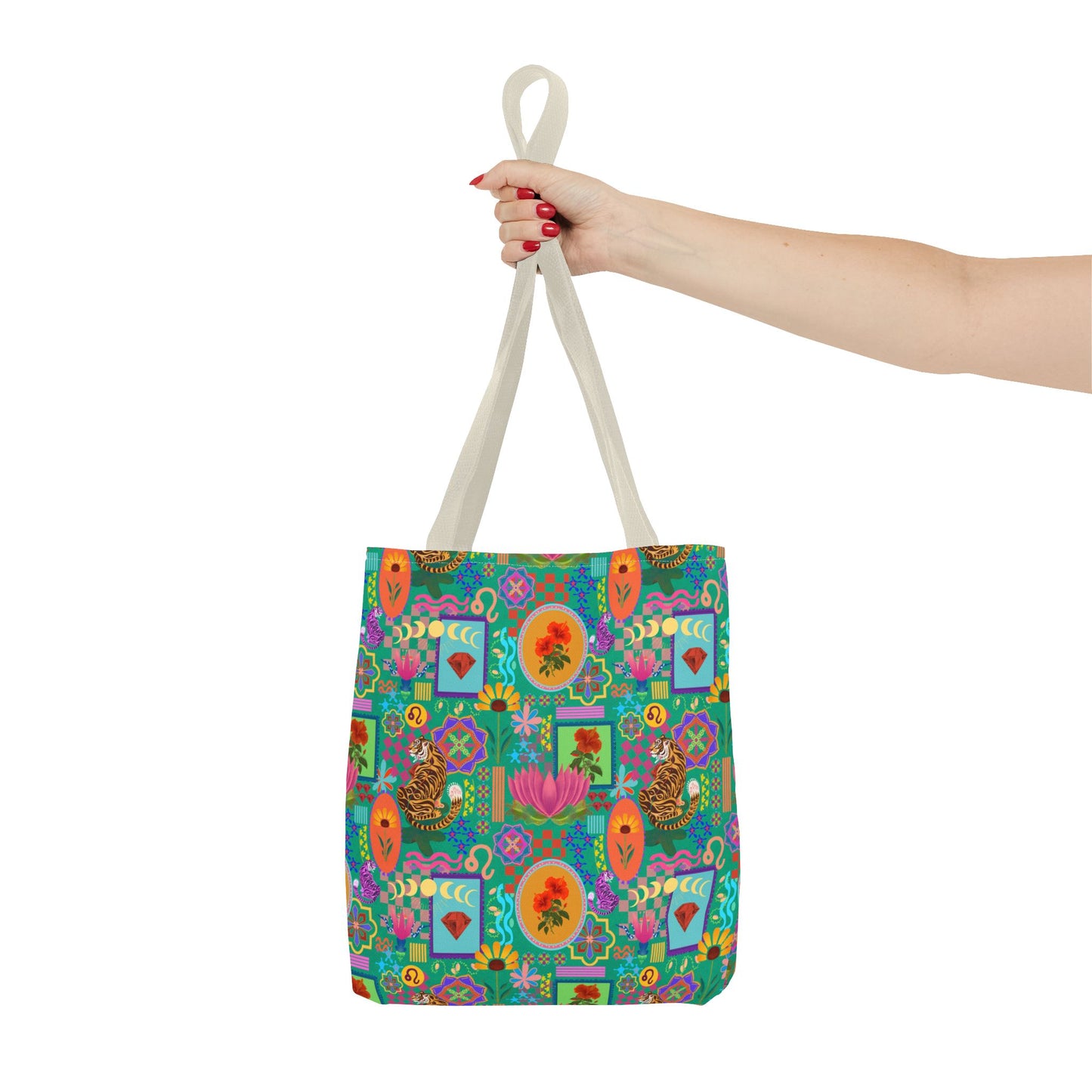 Tote Bag featuring Laxoanj Signature Print, Bold Self-Expression, Tiger Lotus Hibiscus Moon Mandala, Vibrant Colorful Bag, Wearable Art,