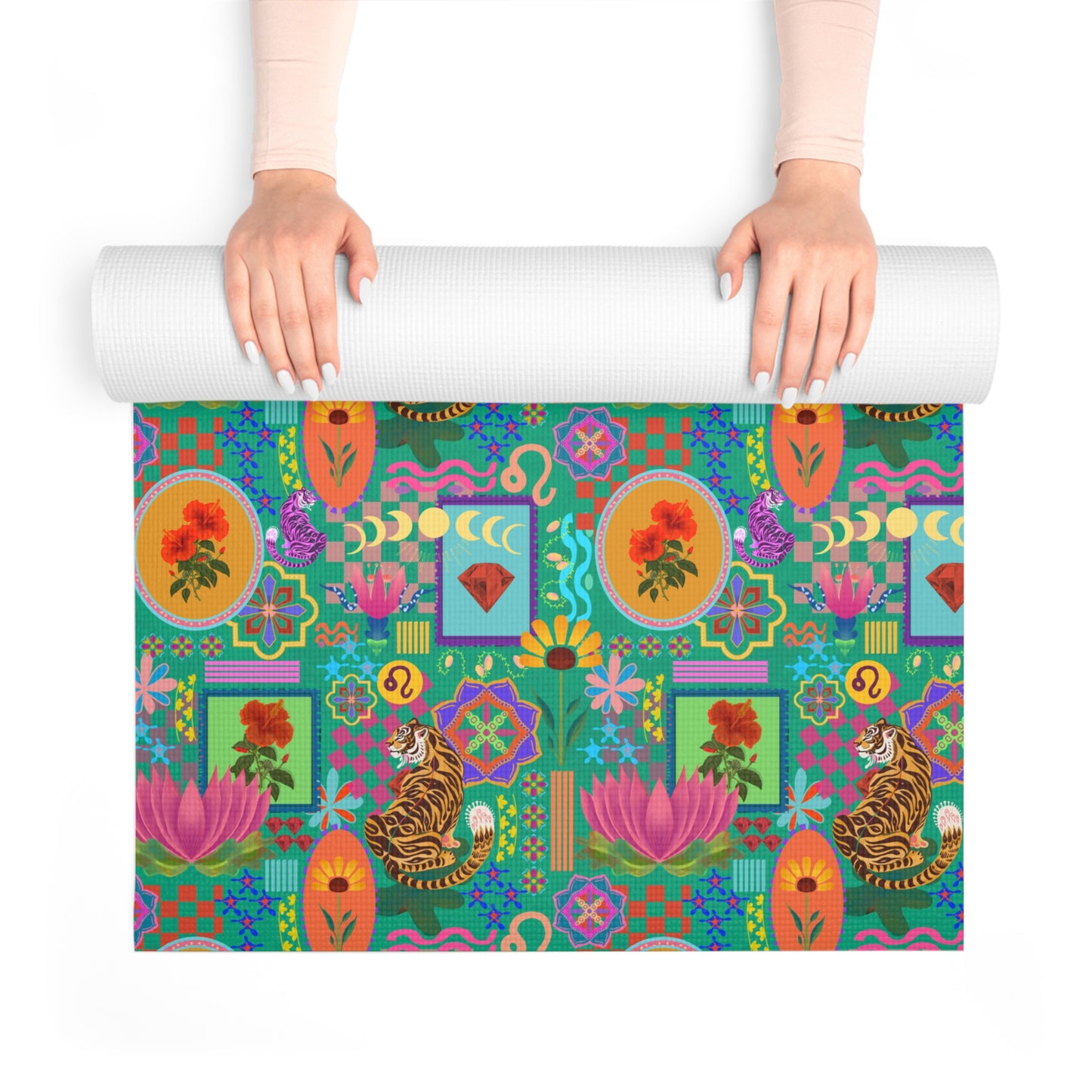 Yoga Mat - Majestic Tiger and Lotus Wallpaper Print