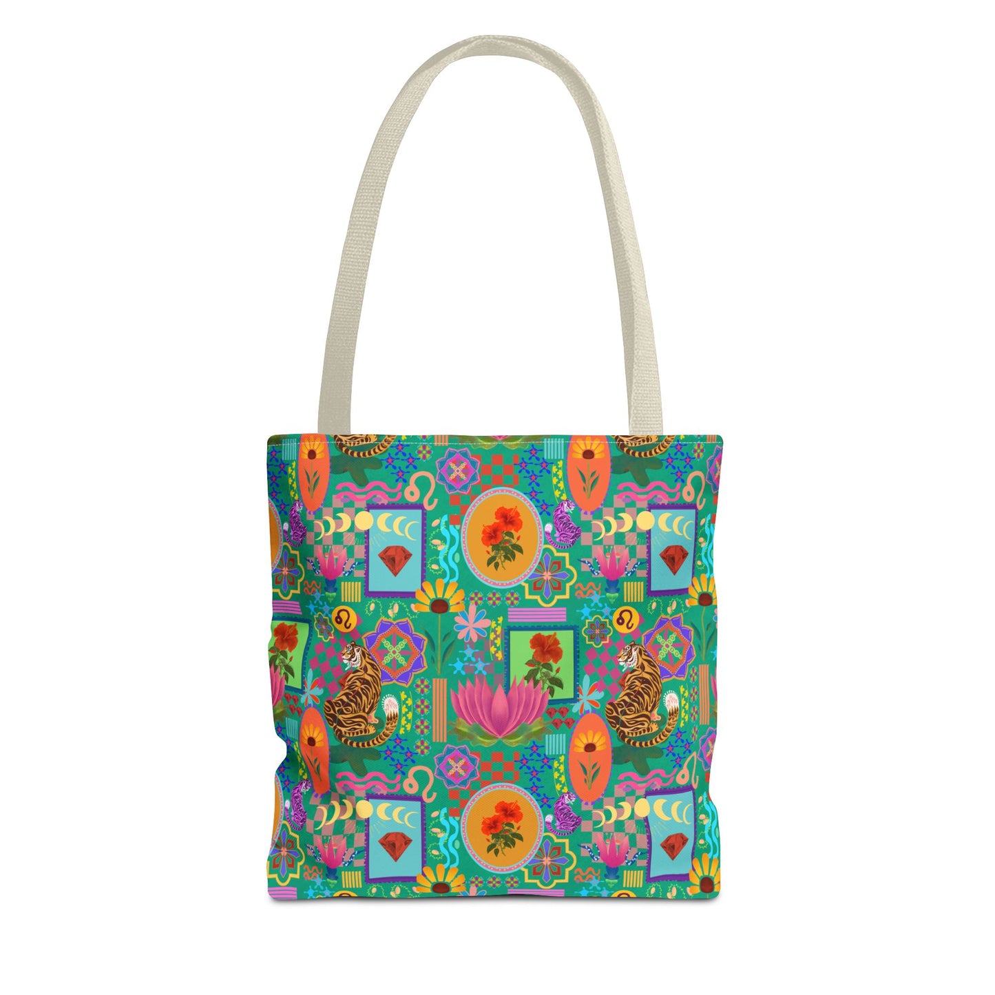 Tote Bag featuring Laxoanj Signature Print, Bold Self-Expression, Tiger Lotus Hibiscus Moon Mandala, Vibrant Colorful Bag, Wearable Art,