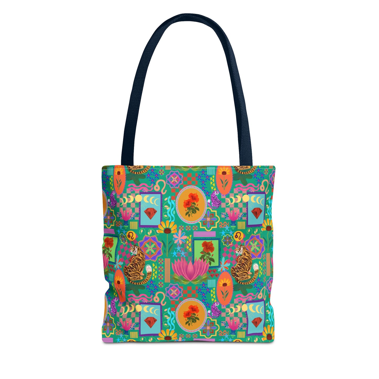 Tote Bag featuring Laxoanj Signature Print, Bold Self-Expression, Tiger Lotus Hibiscus Moon Mandala, Vibrant Colorful Bag, Wearable Art,