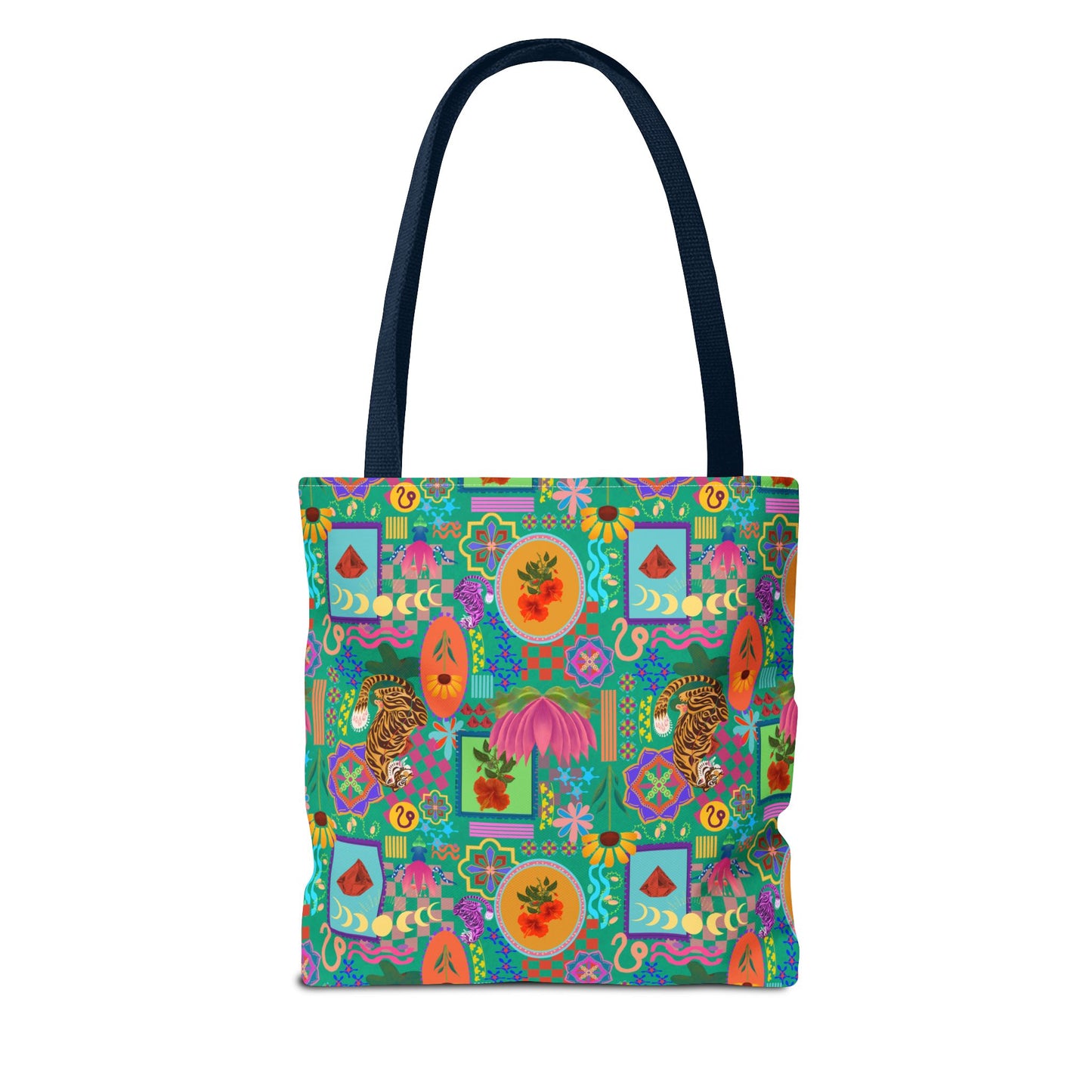 Tote Bag featuring Laxoanj Signature Print, Bold Self-Expression, Tiger Lotus Hibiscus Moon Mandala, Vibrant Colorful Bag, Wearable Art,