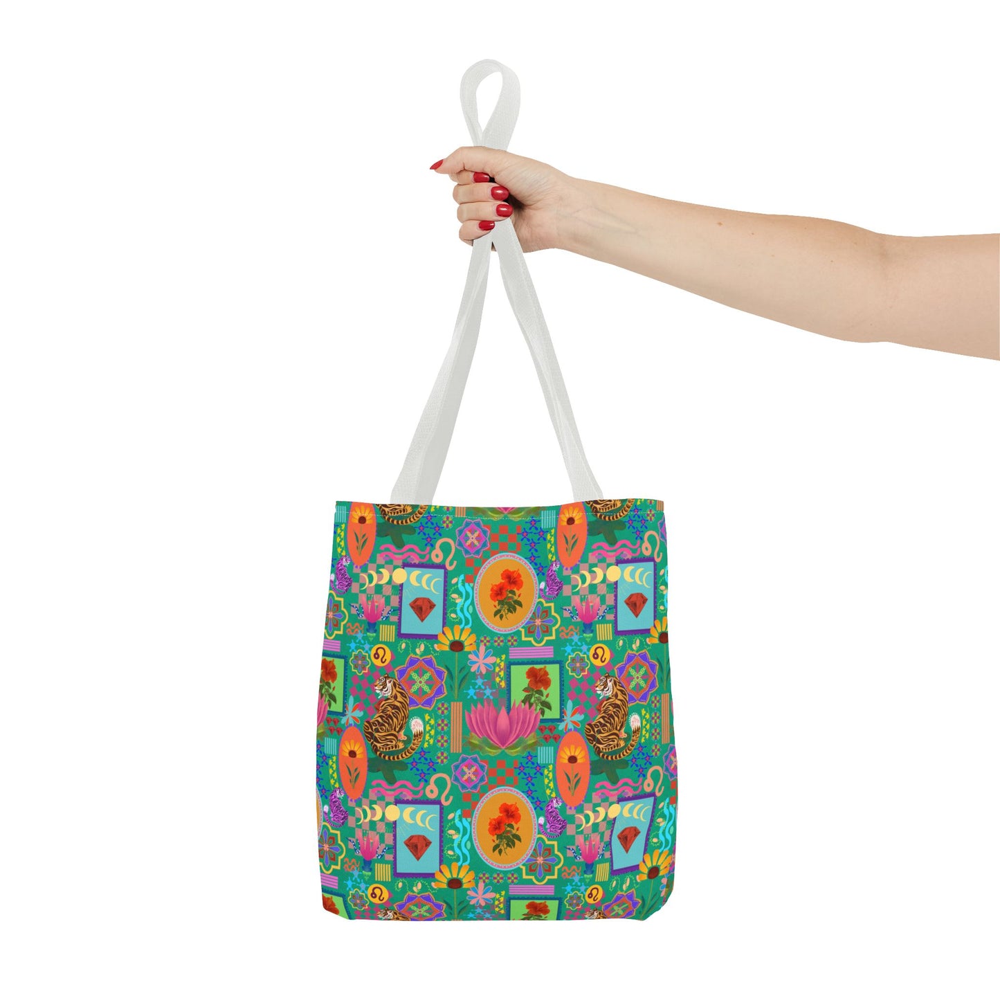 Tote Bag featuring Laxoanj Signature Print, Bold Self-Expression, Tiger Lotus Hibiscus Moon Mandala, Vibrant Colorful Bag, Wearable Art,