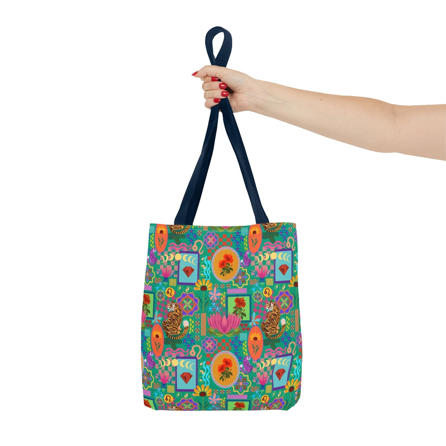 Tote Bag featuring Laxoanj Signature Print, Bold Self-Expression, Tiger Lotus Hibiscus Moon Mandala, Vibrant Colorful Bag, Wearable Art,