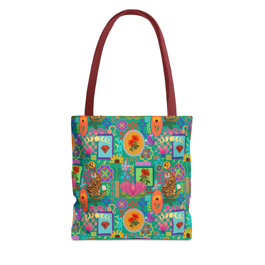 Tote Bag featuring Laxoanj Signature Print, Bold Self-Expression, Tiger Lotus Hibiscus Moon Mandala, Vibrant Colorful Bag, Wearable Art,