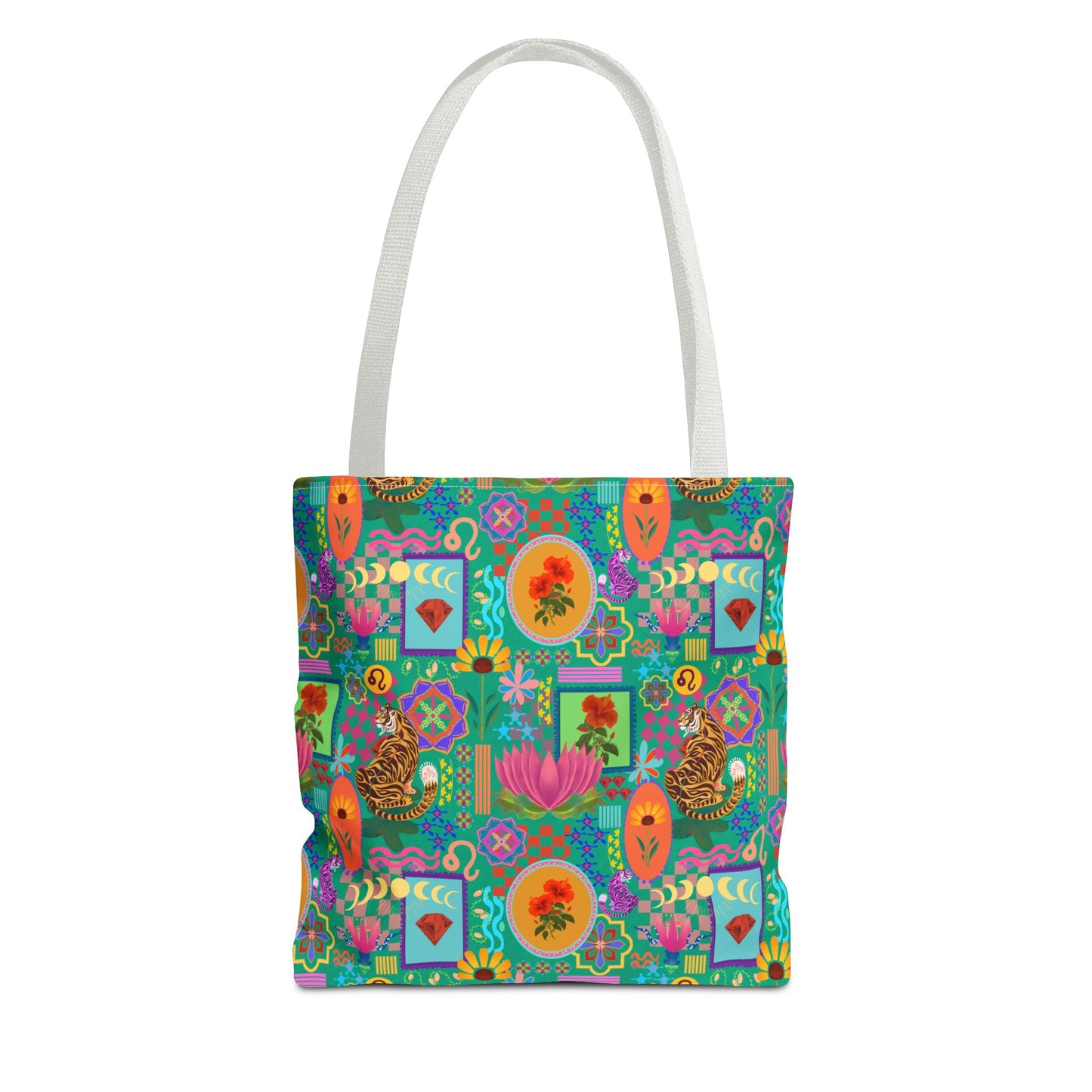 Tote Bag featuring Laxoanj Signature Print, Bold Self-Expression, Tiger Lotus Hibiscus Moon Mandala, Vibrant Colorful Bag, Wearable Art,