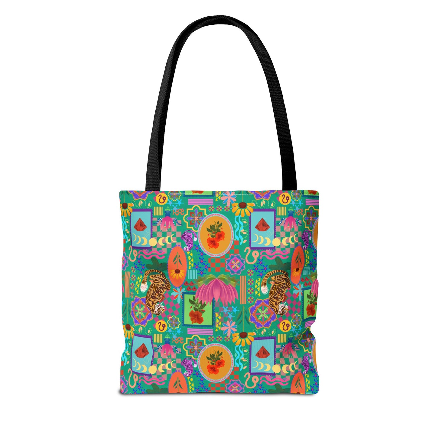 Tote Bag featuring Laxoanj Signature Print, Bold Self-Expression, Tiger Lotus Hibiscus Moon Mandala, Vibrant Colorful Bag, Wearable Art,