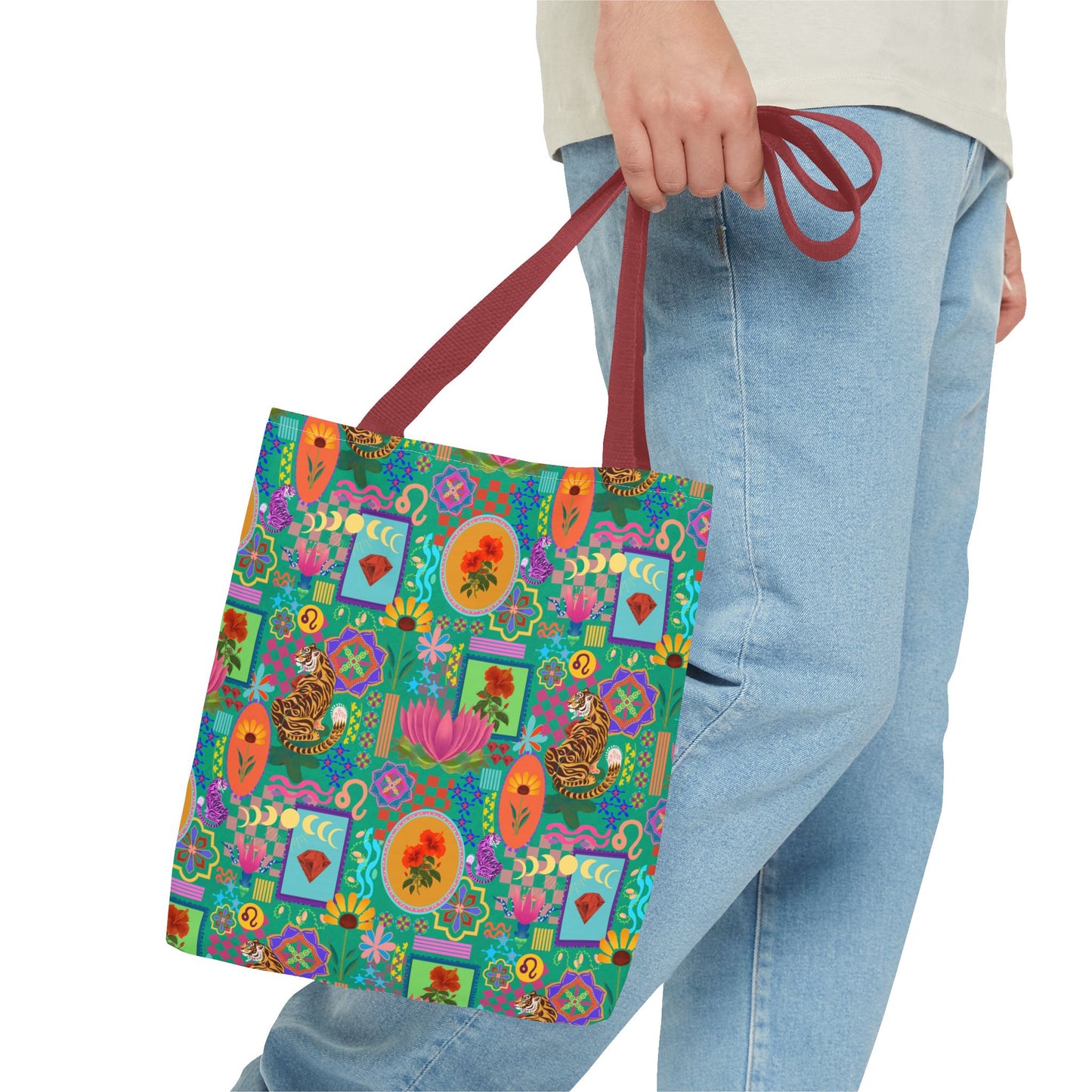 Tote Bag featuring Laxoanj Signature Print, Bold Self-Expression, Tiger Lotus Hibiscus Moon Mandala, Vibrant Colorful Bag, Wearable Art,