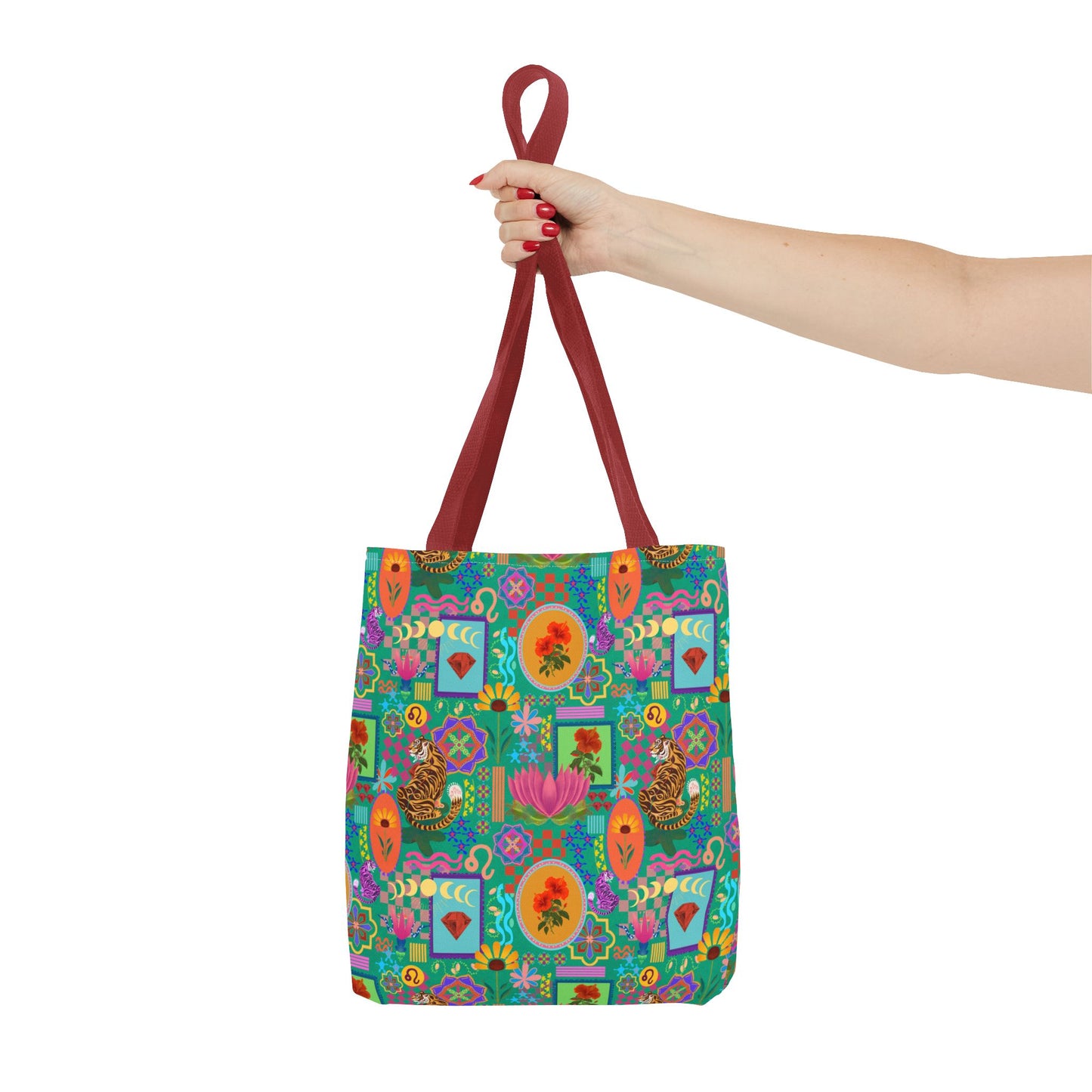 Tote Bag featuring Laxoanj Signature Print, Bold Self-Expression, Tiger Lotus Hibiscus Moon Mandala, Vibrant Colorful Bag, Wearable Art,