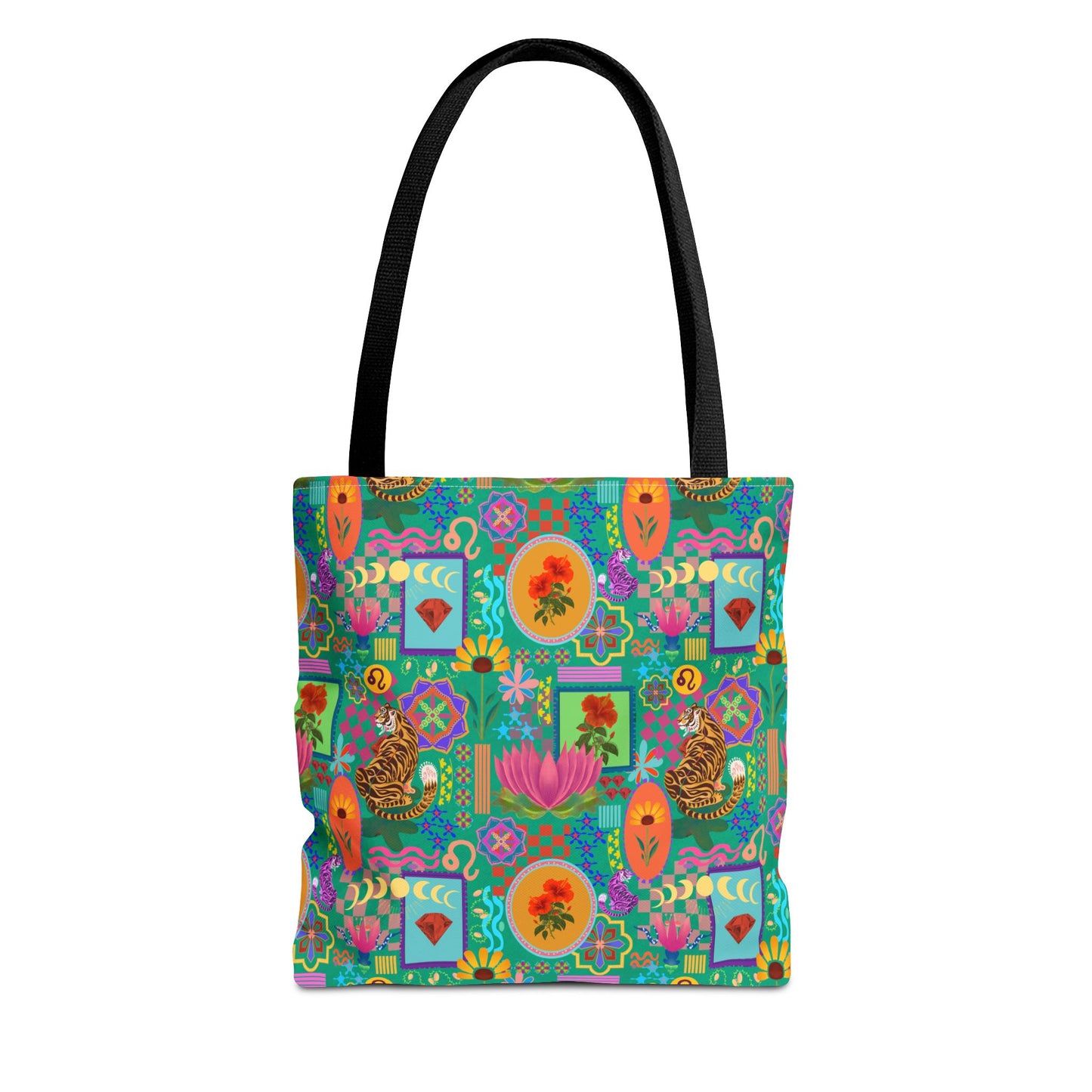 Tote Bag featuring Laxoanj Signature Print, Bold Self-Expression, Tiger Lotus Hibiscus Moon Mandala, Vibrant Colorful Bag, Wearable Art,