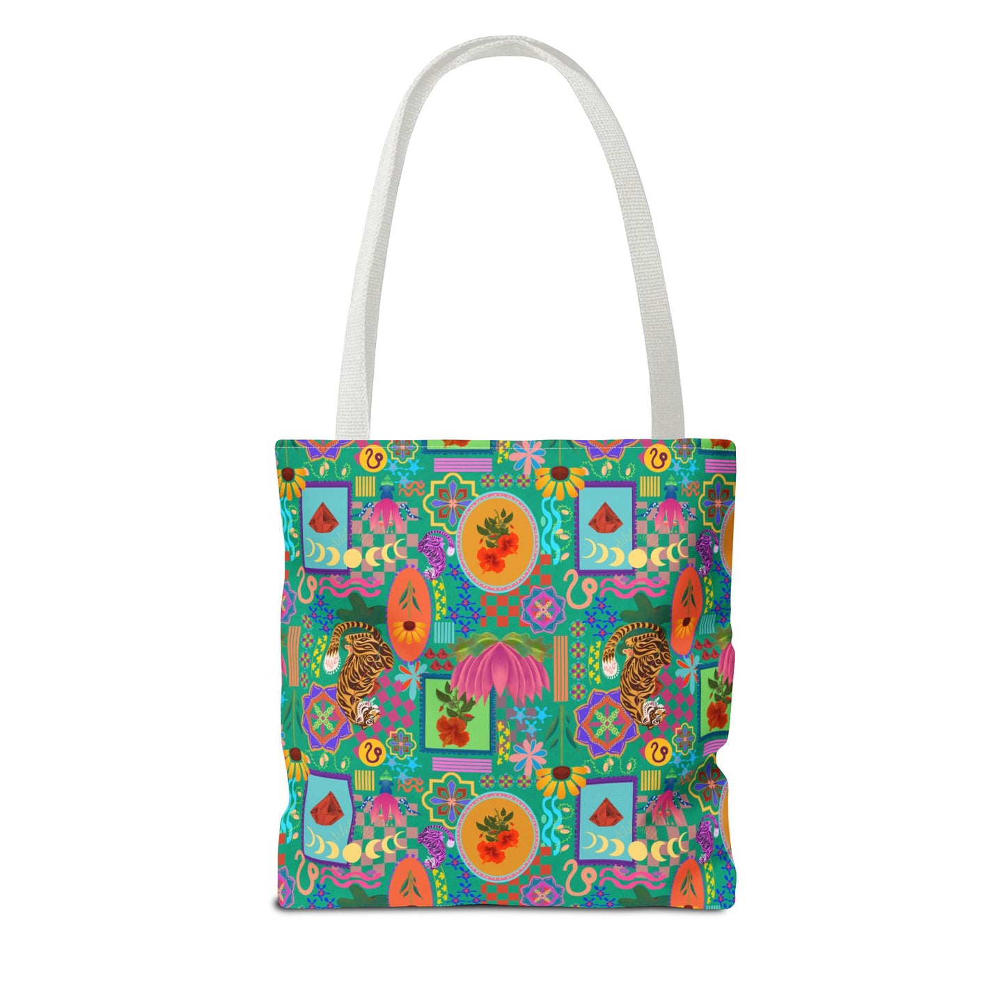 Tote Bag featuring Laxoanj Signature Print, Bold Self-Expression, Tiger Lotus Hibiscus Moon Mandala, Vibrant Colorful Bag, Wearable Art,